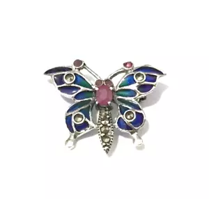 Sterling Silver Blue Plique a Jour Art Deco Ruby Marcasite Butterfly Brooch Pin - Picture 1 of 6