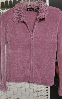 Women's Barbie pink vintage sweater zip cardigan sz L, fluffy collar, Cavalini - Image 1 of 4