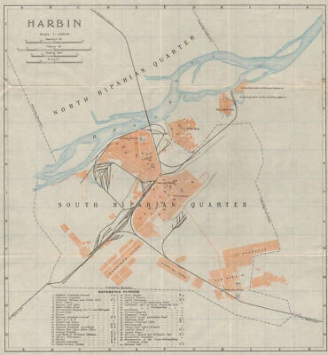 Plano de ciudad antiguo de Harbin. Heilongjiang, China 1913 mapa antiguo gráfico Foto 1 de 2