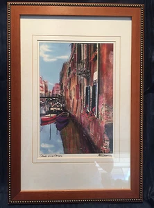 VINTAGE PRINT FRAMED VENICE CANAL ROSES ITALY  - Picture 1 of 7