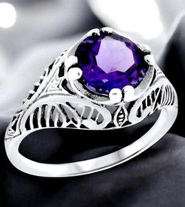 VINTAGE STYLE 925 SOLID STERLING SILVER 1.50 CT LAB-CREATED AMETHYST RING #702 - Picture 1 of 3