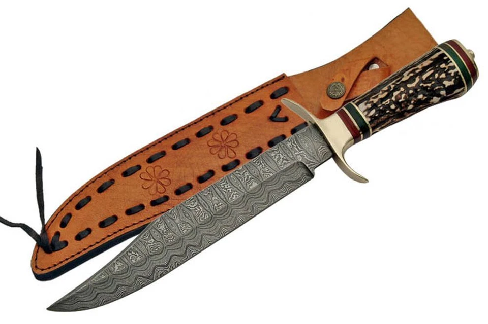NEW 13 7/8" Damascus Steel Blade, Stag Horn Handle Bowie Knife w/ Sheath - Image 1 of 1