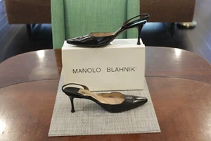 Manolo Blahnik Black Capretto 3" Slingback Leather Pumps Size 10.5 - Picture 1 of 5