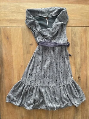 Free People Crochet Knit Cowl Neck Belted A-Line Shift Midi Dress Size 4 Gray - Image 1 of 4