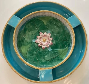 Antique George Jones Majolica 15” Centerpiece w/ Water Lily & Basketweave Decor - Picture 1 of 16