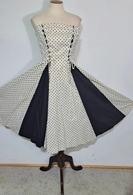 Vintage 1950s Strapless Sundress XXS Corset Lace Up Polka Dot Rockabilly Dress - Image 1 of 4