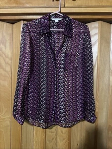 Diane von Furstenberg Size 2 Silk Long Sleeve Button-Front Purple Blouse - Picture 1 of 12
