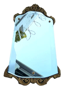 Vintage Antique Etched Beveled Mirror Brown Wood Gesso Framed Wall Mounted 16X30 - Picture 1 of 8