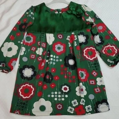 Toddler girl green holiday Christmas Floral silky Satin material dress size 6/9 - Image 1 of 4