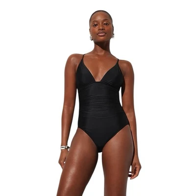 J Crew Black Long Torso Ruched Plunge V Neck One Piece Womens Size 2 - Image 1 of 4