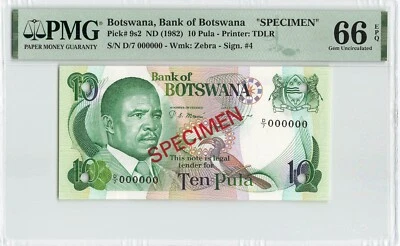 BOTSUANA 10 Pula 1982, P-9s2 ESPECIMEN, PMG 66 EPQ Gem UNC, D/7 000000, escaso Foto 1 de 2