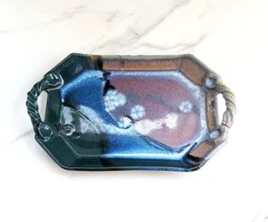 Vintage Studio Pottery Signed Tray w/ Handles, Blue Green Purple Glaze 11"x7" - Picture 1 of 8
