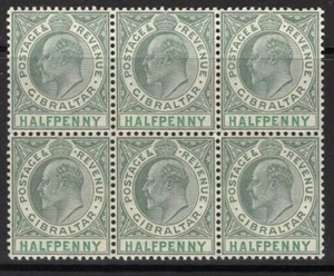 GIBRALTAR SG56 1904 ½d DULL & BRIGHT GREEN MNH BLOCK OF 6 - Picture 1 of 1