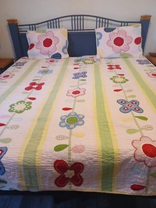 Pottery Barn Kids Quilt 3 Kissenbezüge Full Queen Tagesdecke Rosa Blumen Garten - Bild 1 von 7