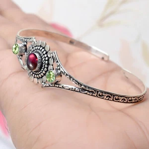 Mozambique Garnet & Faceted Peridot Gemstone Bracelet 925 Sterling Silver Bangle - Picture 1 of 7
