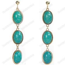 CLIP ON 3.5"long RETRO FAUX TURQUOISE DROP EARRINGS oval GOLD/BLUE screw clips