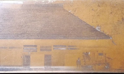 Antique Asian Wood & Copper Printing Plate Block Thatched Roof Letterpress 5.5" - Image 1 of 3