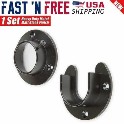 1 Set Heavy Duty Stainless Steel Closet Pole Sockets Rod End Support Matt Black - Image 1 of 4