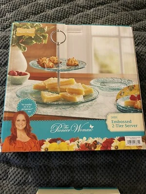 PIONEER WOMAN Bundle 2-TIER EMBOSSED Server Set & Plate’s And Cocktail Mixer. - Image 1 of 4