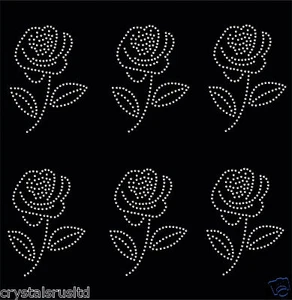 6x 10cm Small Rose Iron On Rhinestone Transfer Crystal Hotflix t-shirt applique - Picture 1 of 13