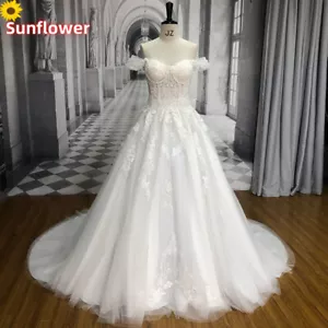 Luxury A-Line Wedding Dress Off Shoulder Short Sleeved Lace Applique Bridal Gown - Picture 1 of 10