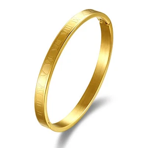 Mens Gold Plated Stainless Steel Bangle Roman Numerals Bracelet Valentine's Gift - Picture 1 of 4
