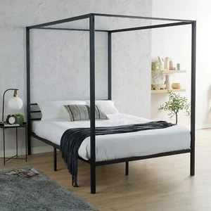 Double Metal Canopy Bed 4 Poster Black Frame Home Modern Bedroom Furniture - Picture 1 of 7