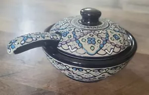 JAVIER SERVIN signed Sugar Bowl High Fired Ceramic Pottery Mexico Blue Stoneware - Picture 1 of 12
