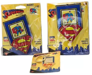 Vintage Superman Briefmarken Sammlerstücke Schlüsselanhänger & 2 Magnete DC Comics USPS 1998 - Bild 1 von 22