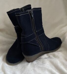 Ladies ankle boots generous size 3 very good condition. Navy suede, wedge heel