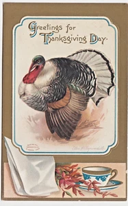 Thanksgiving Turkey & China Cup A/S Ellen H. Clapsaddle ~ VTG Embossed Postcard - Picture 1 of 2