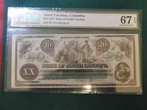 1872 $20 Invenue Bond Script Columbia, Carolina del Sur PMG 67 Excelente gema UNC EPQ! - Imagen 1 de 5