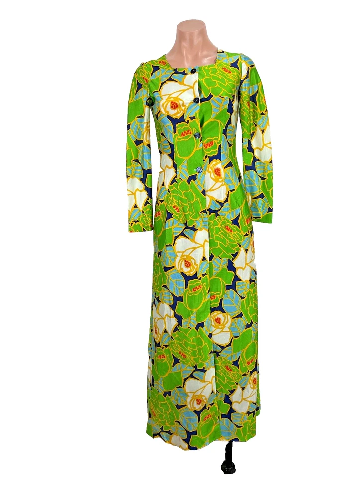Vintage 70s Kaftan PSYCHEDELIC Sheath Dress Hippie Festival Kaftan Neon Floral - Image 1 of 4