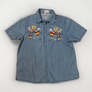 VTG Passion Button Up Chambray Jean Shirt Womens L Cotton Blue Hot Air Balloons - Picture 1 of 11