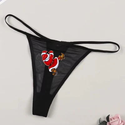 Sexy Netz-String für Damen mit Weihnachtsmann, atmungsaktive Gr. S-XL, schwarz - Bild 1 von 4