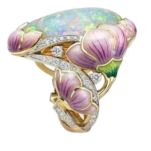18k Pearl Enamel Painted Flower Bamboo Leaves Ring - Vintage Jewelry With Ful... - Picture 1 of 4