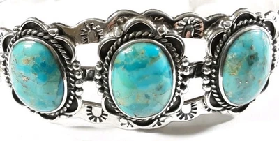 925 STERLING SILVER ETCHED BRAIDED 3 STONES TURQUOISE 5 3/8" BRACELET 24.5g - Image 1 of 4