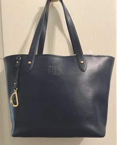 RALPH LAUREN NEWBURY DOUBLE ZIP LEATHER SATCHEL TOTE SHOULDER BAG NAVY Rare - Picture 1 of 8