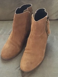 Guess Brown Suede Ankle Boots Size 6.5 Zip-Up Stacked Heel Tassels VGC - Picture 1 of 6