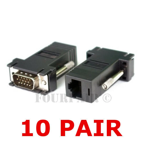 10 Pair (20 pcs) VGA SVGA to RJ45 Video Extender Adapter HD15 to CAT5e CAT6 100' - Image 1 of 1