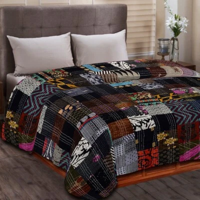 Indian Handmade Kantha Silk Patchwork Quilt Indian Bohemian Bedspread  Throw - Image 1 of 2