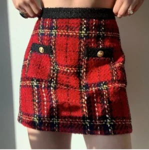 Zara Tweed rot kariert MiniShortRock 4437/292/601 Business Cocktail Party L - Bild 1 von 24
