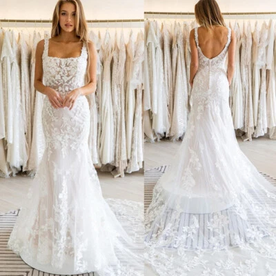 Mermaid Wedding Dresses Square Neck Backless Lace Appliques Beach Bridal Gowns - Image 1 of 4
