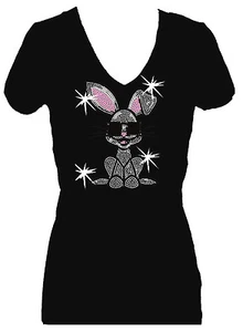 TODOS LOS DIAMANTES DE IMITACIÓN PASCUA CONEJITO W GAFAS BLING V CUELLO CAMISETA DE MANGA CORTA - Imagen 1 de 2