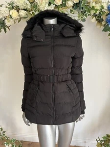 BOOHOO Women's Coat Size 8 10 12 Black Puffer Parka Padded Belted Faux Fur Hood - Picture 1 of 24