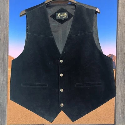 Vtg SCULLY Vest Mens Lg Black Suede Leather Snap Front Western Adjustable Back - Image 1 of 4