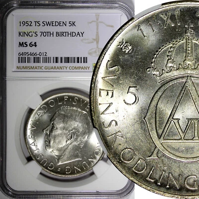 SWEDEN Silver 1952 ST 5 Kronor NGC MS64 70th Birthday Gustaf VI Adolf KM# 828(2) - Image 1 of 4