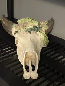 TESCHIO DI MANZO LONGHORN CORNO LUCIDO MONTATO TORO TESTA DI MUCCA decorazione fiori - Foto 1 di 12