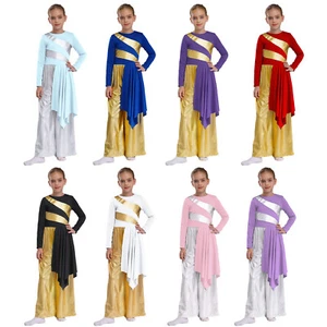 Kids Girls Dancewear Lyrical Jumpsuit Loose Bodysuit Color Block Praise Events - Picture 1 of 105