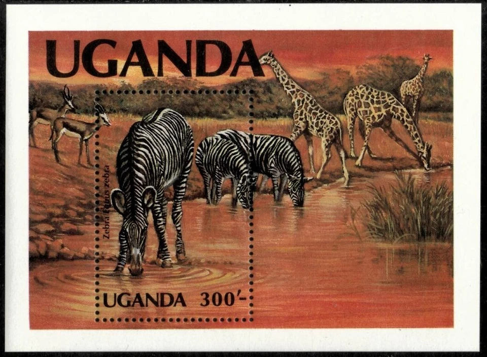 Uganda 1983 - Jirafas cebras - Hoja de estampillas de recuerdo - Scott #375 - MNH Foto 1 de 1